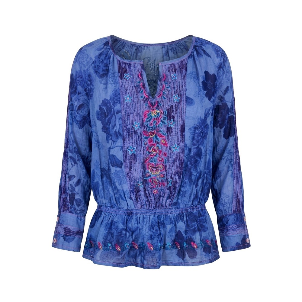 3J Workshop Blouse Blue Floral Embroidered‎ Cotton Peplum Boho Small